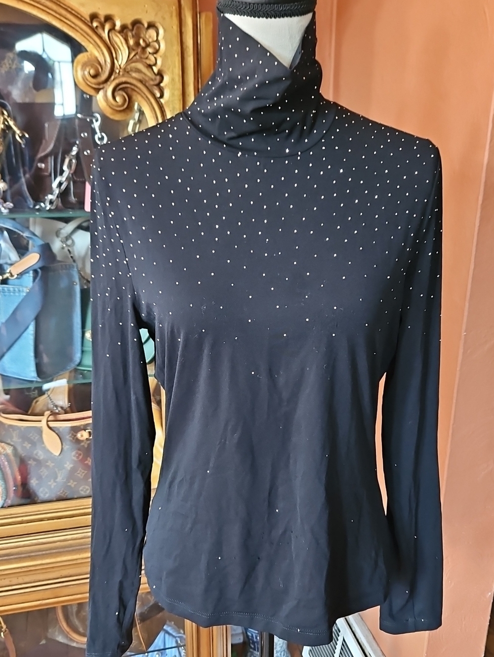 St. John Black Turtleneck Long-Sleeve Top with Bronze Stud Accents